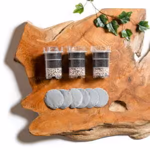 Lotus Vita ENYA half-year replacement bundle, including three filter cartridges and six filter pads, arranged on a rustic wood surface.