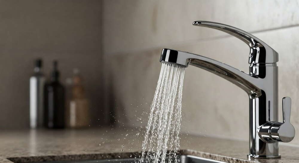 A modern chrome faucet dispensing fresh, clean water, illustrating the benefits of using a Lotus Vita water filter.
