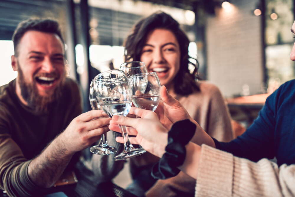 A group of cheerful friends toasting with glasses of pure, clean water, celebrating health and community.